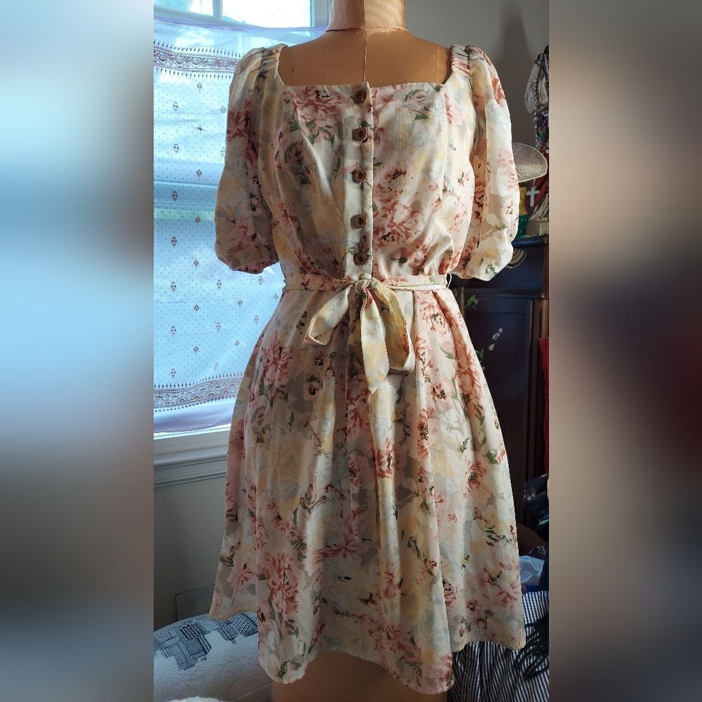 LC Lauren Conrad Cream Pink Floral Midi Dress